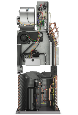 MGE packaged all-in-one HVAC unit with gas heating, electric cooling, 11.7 SEER2 and 95% AFUE